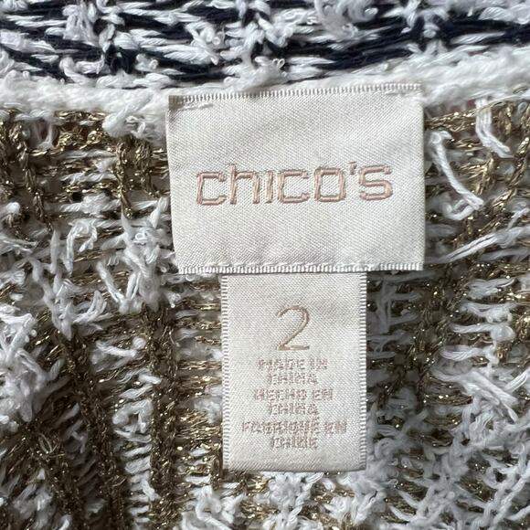 Chico's Luxury Textured Cardigan White Gold Bronze Open Front Size 2 Bouclé Knit - Picture 8 of 10